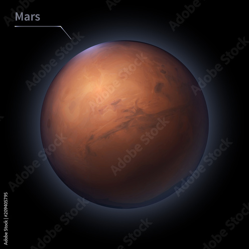 Mars realistic planet is isolated on the cosmic sky in the darkness of the galaxy. A vector illustration of astronomy and astrology