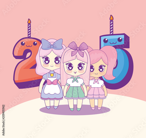 group of cute kawaii girls with numbers candles vector illustration design