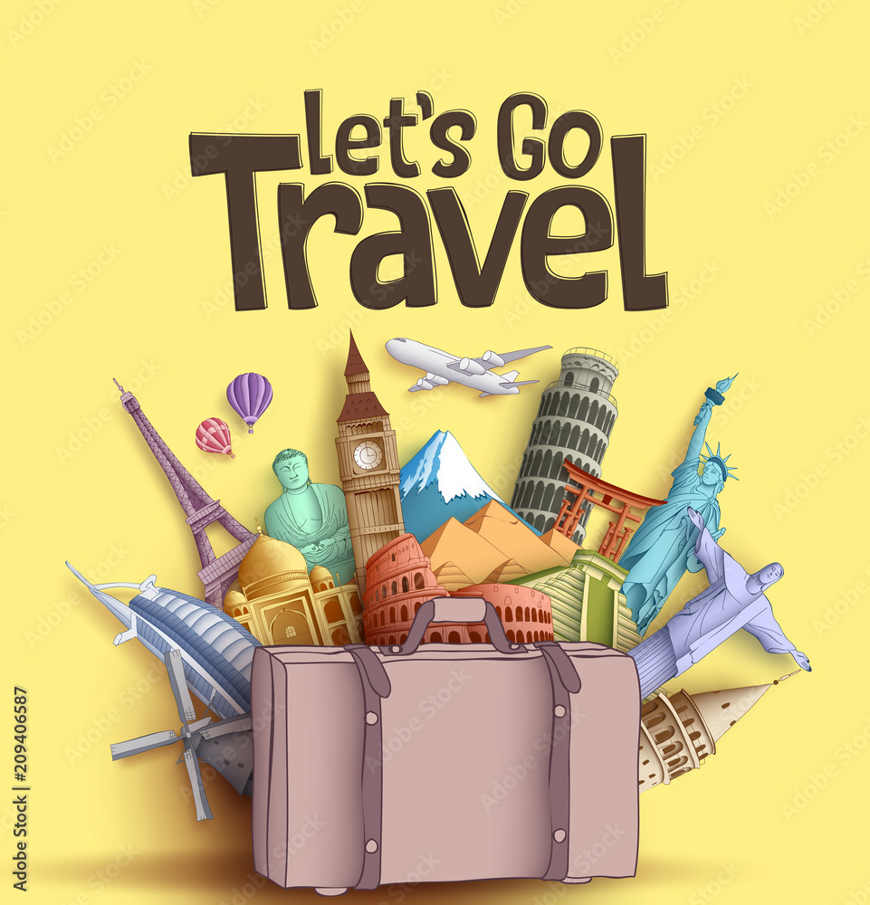 Let's go travel vector banner design with famous world tourism attractions  and travel destinations elements in a traveling bag. Vector illustration in  yellow background. Stock Vector | Adobe Stock
