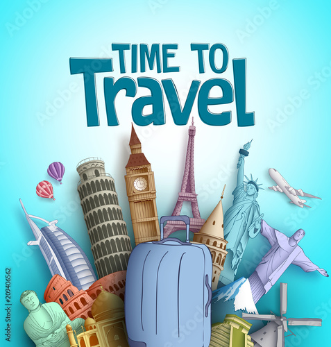 Time to travel vector design with famous tourism destinations and landmarks of the world and traveling bag element in blue background. Vector illustration.
