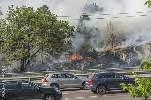 Dramatisk skogsbrand rasar vid Värmdöleden i Nacka fredag 15/6 och bilarna kör genom röken nära elden photo