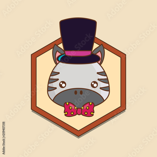 decorative frame with cute zebra with top hat over yellow background, colorful line design. vector illustration