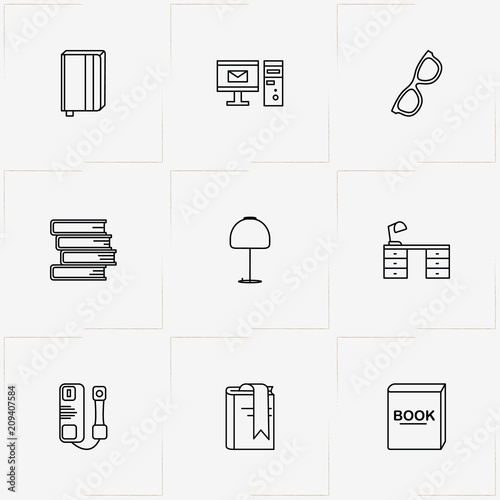Library line icon set with books, book and telephone