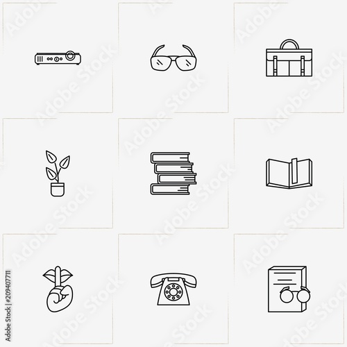 Library line icon set with plant in pot, spectacle and silence