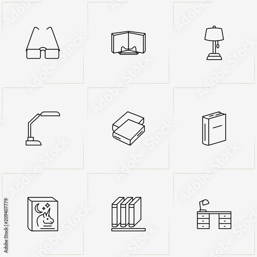 Library line icon set with books, book and table lamp