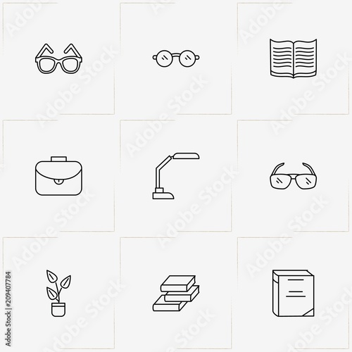 Library line icon set with spectacle, books and book