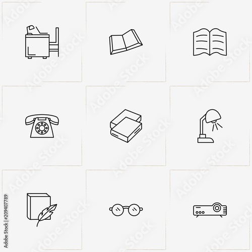 Library line icon set with books, spectacle and book