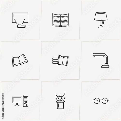 Library line icon set with book, plant in pot and computer
