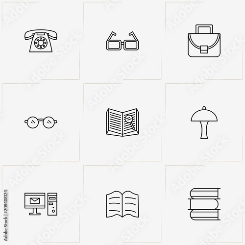 Library line icon set with book, case and spectacle