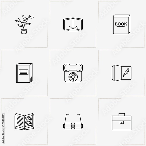 Library line icon set with note book, spectacle and book