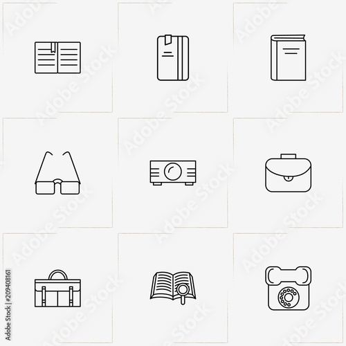 Library line icon set with case, spectacle and note book