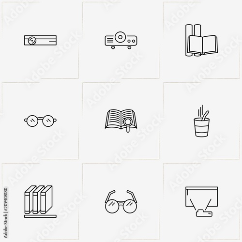 Library line icon set with book, books and spectacle