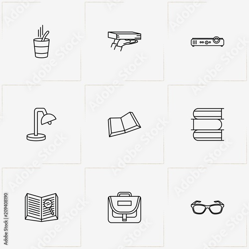 Library line icon set with table lamp , spectacle and plant in pot