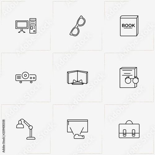 Library line icon set with spectacle, book and table lamp