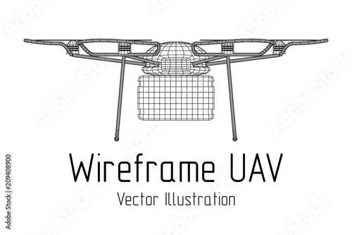 Remote control air drone. Dron flying with action video camera. Wireframe low poly mesh vector illustration