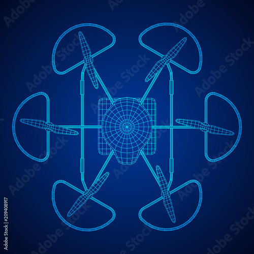 Remote control air drone. Dron flying with action video camera. Wireframe low poly mesh vector illustration