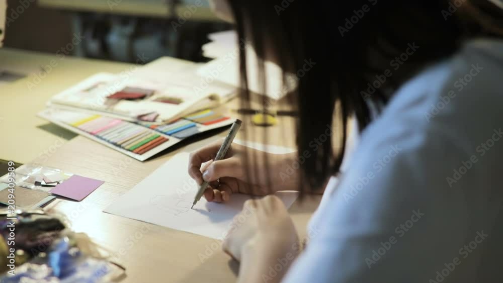Designer draw sketches in the Studio. attractive women working and smiling. Workspace designer. White sheet of paper, pencils, markers, felt-tip pens. Designer draw sketches in the Studio. attractive women working and smiling. Workspace designer. White sheet of paper, pencils, markers, felt-tip pens.