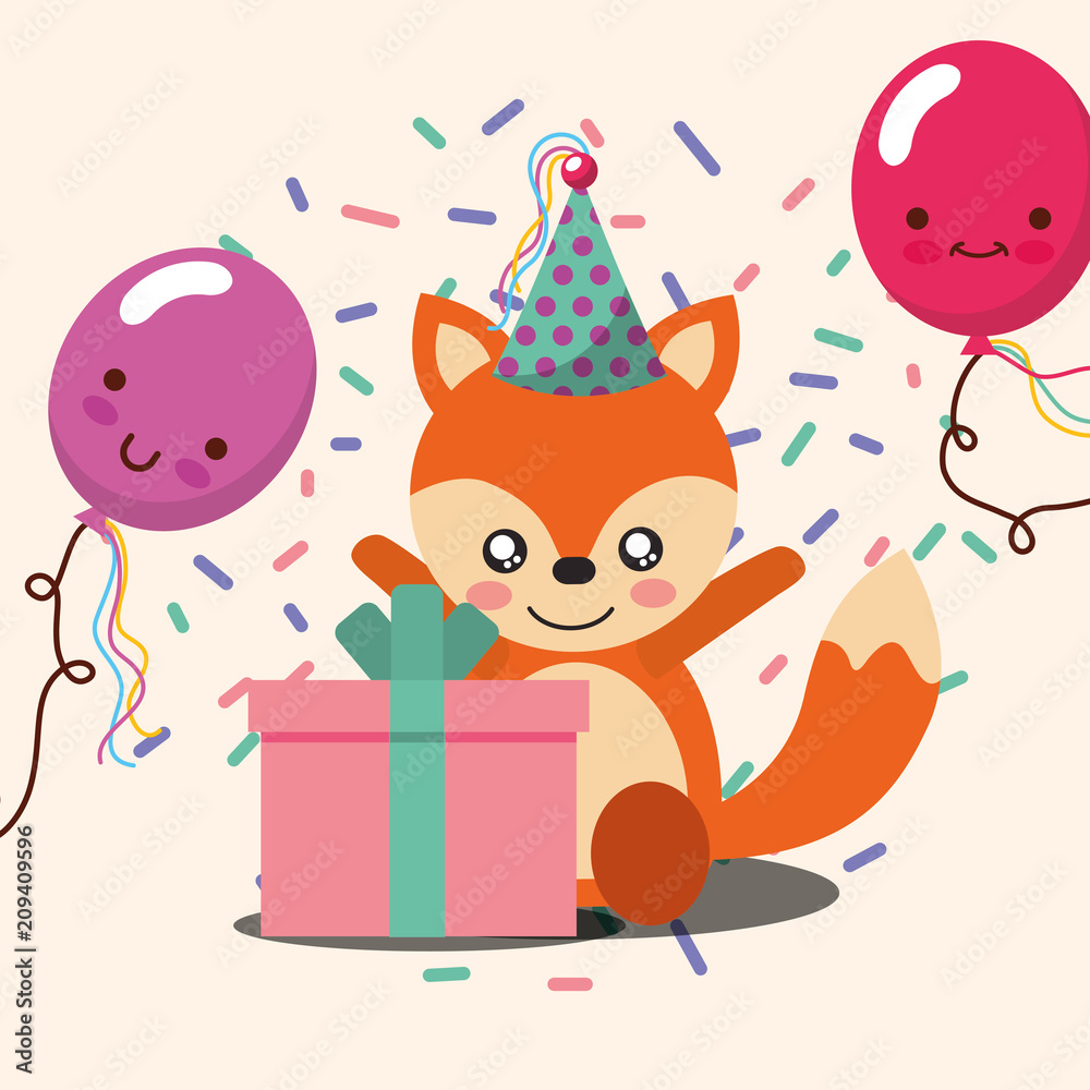 Obraz premium gift box kawaii balloons cute fox party hat confetti happy birthday vector illustration