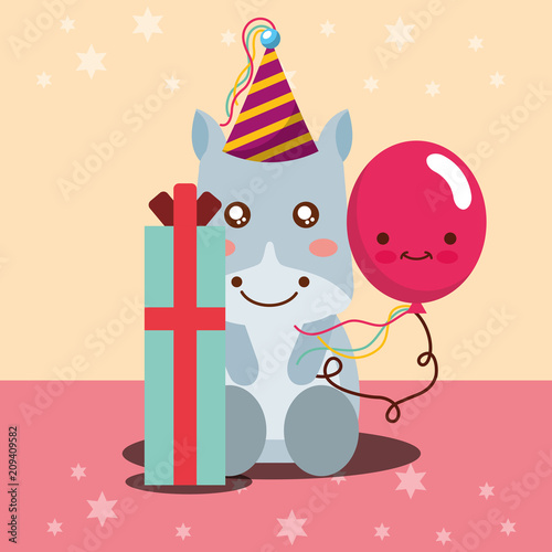 gift box kawaii balloon cute hippo and party hat happy birthday vector illustration