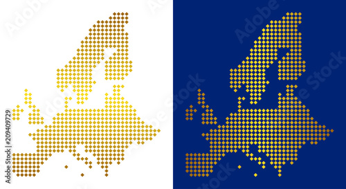 Golden dot European Union map. Vector geographic maps in luxury colors with vertical and horizontal gradients. Abstract composition of European Union map composed of rhombus parts.