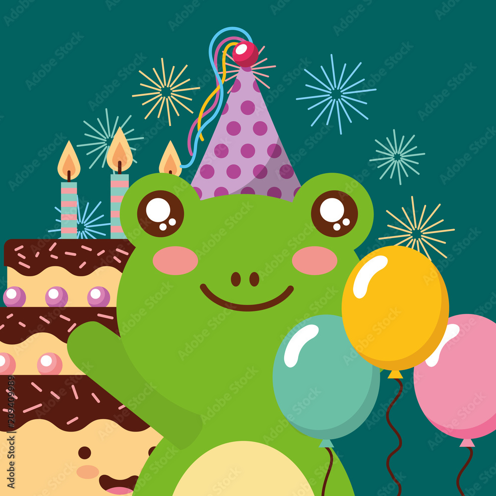 cute frog and sweet cake candles balloons decoration happy birthday vector illustration cute frog and sweet cake candles balloons decoration happy birthday vector illustration