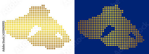 Gold dot Greek Lesbos Island map. Vector geographical maps in shiny colors with vertical and horizontal gradients. Abstract pattern of Greek Lesbos Island map composed of rhombus elements.