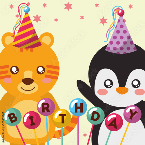 cute tiger and penguin balloons funny celebration happy birthday vector illustration