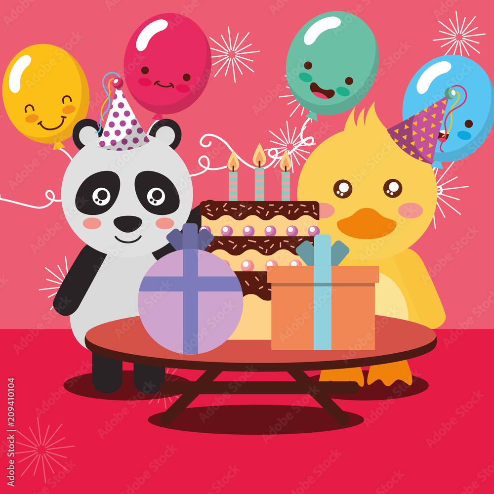 Fototapeta premium happy birthday party card cute pandan and duck animals vector illustration