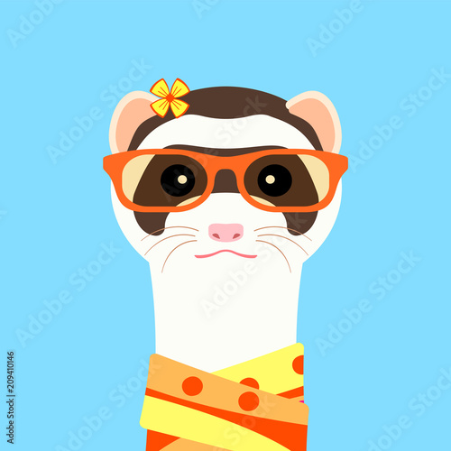 Ferret girl portrait with orange glasses and scarff. Vector illustration. photo