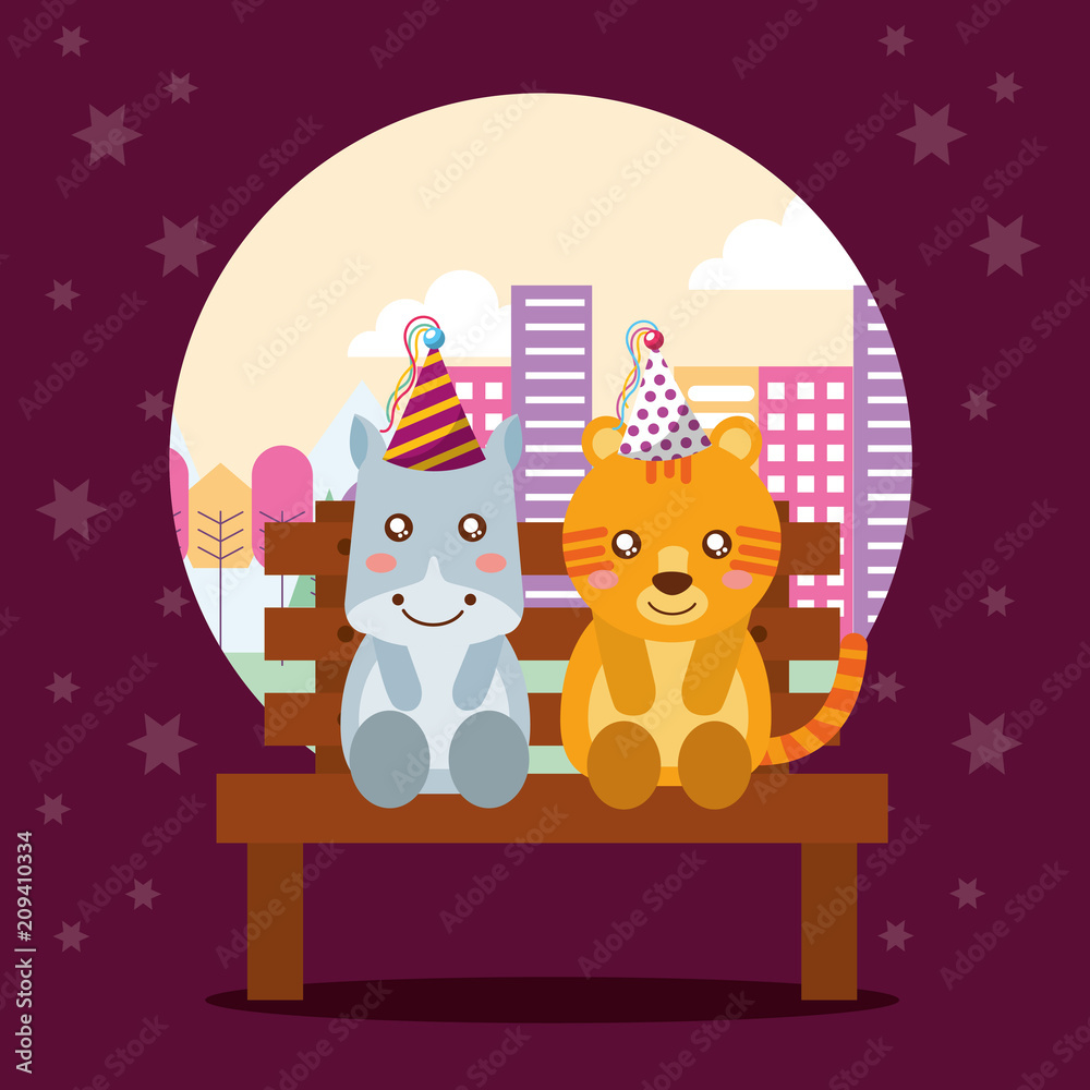 Fototapeta premium cute hippo and tiger sitting in bench on city happy birthday card vector illustration