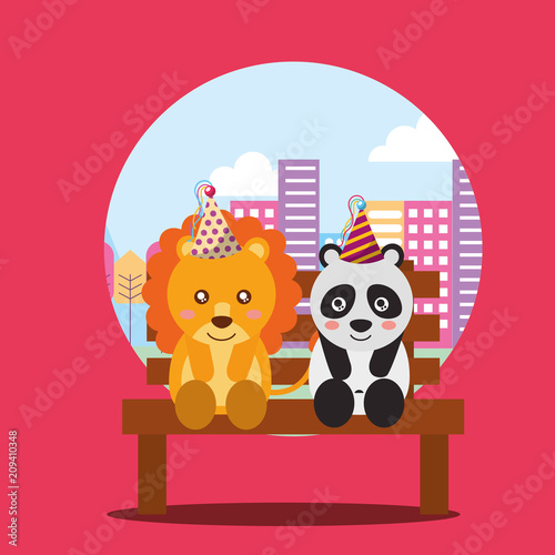 cute lion and panda sitting in bench the city happy birthday card vector illustration