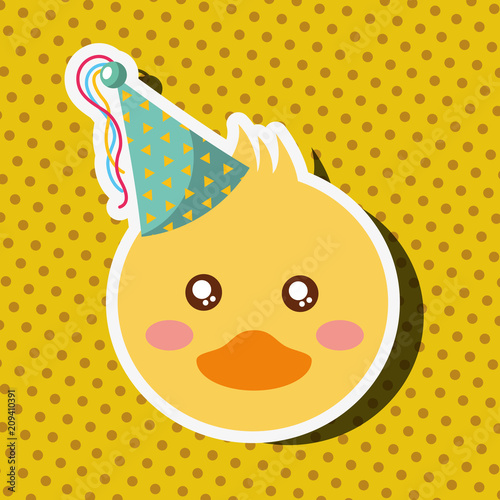 cute duck face with party hat vector illustration