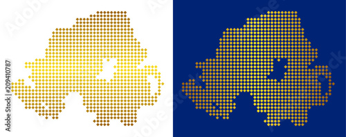Gold dotted Northern Ireland map. Vector territorial maps in shiny colors with vertical and horizontal gradients. Abstract composition of Northern Ireland map organized of rhombic elements.
