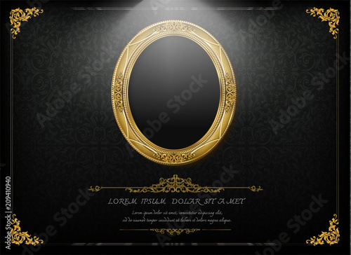 Beautiful Golden frame placed on a wooden background.With universal text frame. Thailand Royal gold photo frame on wooden pattern vector design template.