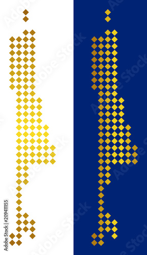 Gold rhombic Sakhalin Island map. Vector geographical maps in shiny colors with vertical and horizontal gradients. Abstract pattern of Sakhalin Island map organized of rhombus pixels.