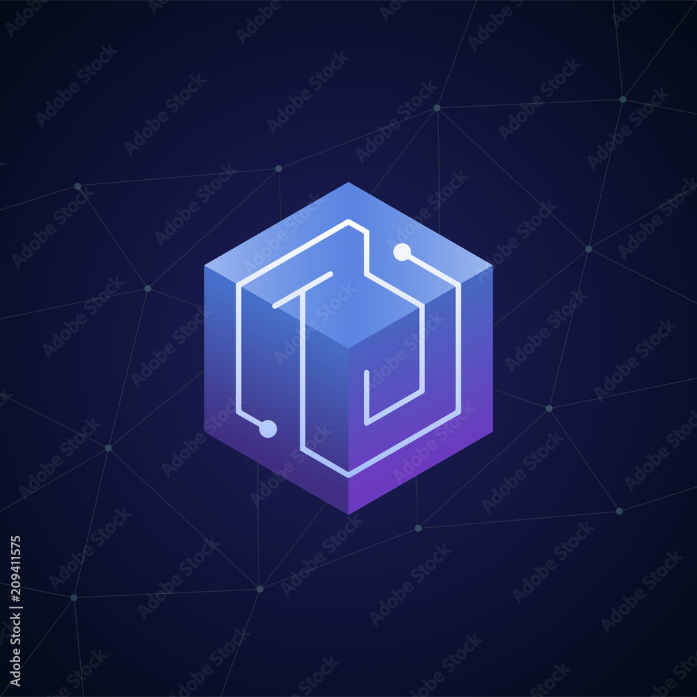 Initial letter TJ, block chain, looping mono line circuit letter on hexagon cube logo, blue magenta gradient color on black blue network background