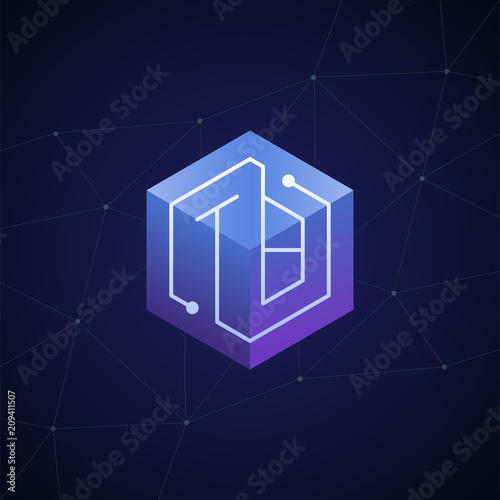 Initial letter TB, block chain, looping mono line circuit letter on hexagon cube logo, blue magenta gradient color on black blue network background