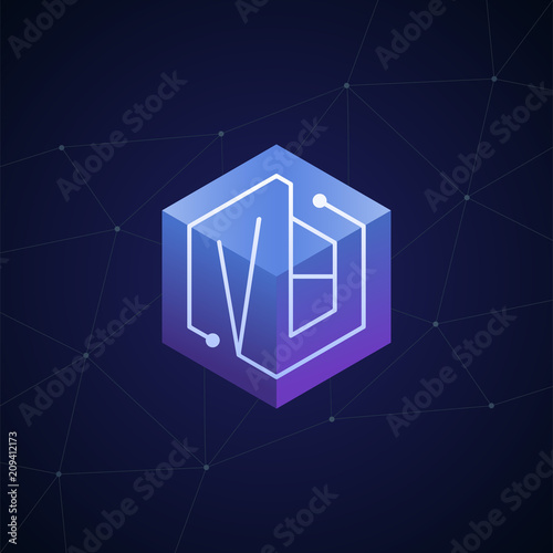 Initial letter VB, block chain, looping mono line circuit letter on hexagon cube logo, blue magenta gradient color on black blue network background