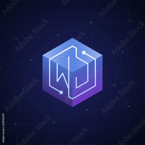 Initial letter WJ  block chain  looping mono line circuit letter on hexagon cube logo  blue magenta gradient color on black blue network background