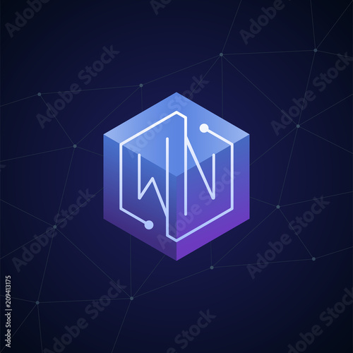 Initial letter WN, block chain, looping mono line circuit letter on hexagon cube logo, blue magenta gradient color on black blue network background photo