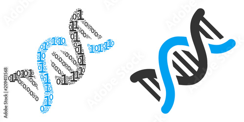 DNA spiral collage icon of one and zero digits in different sizes. Vector digits are grouped into DNA spiral illustration design concept.