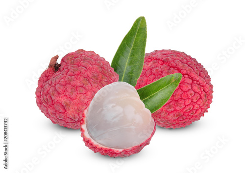 lychee with green leaves isolated on white background