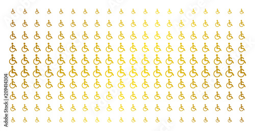 Disabled person icon gold colored halftone pattern. Vector disabled person objects are arranged into halftone matrix with inclined golden gradient. Constructed for backgrounds, covers,