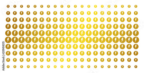 Electricity icon golden halftone pattern. Vector electricity items are organized into halftone array with inclined gold gradient. Constructed for backgrounds, covers, templates and beautiful concepts.