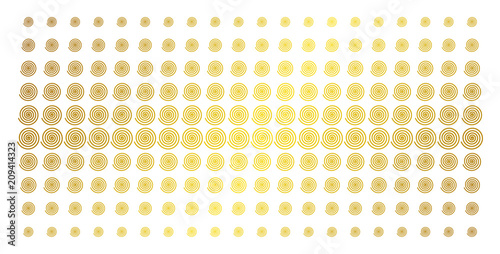 Hypnosis icon gold colored halftone pattern. Vector hypnosis shapes are arranged into halftone matrix with inclined golden gradient. Designed for backgrounds, covers, templates and bright effects.