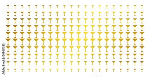 Martini glass icon gold colored halftone pattern. Vector martini glass pictograms are organized into halftone matrix with inclined golden gradient. Constructed for backgrounds, covers,