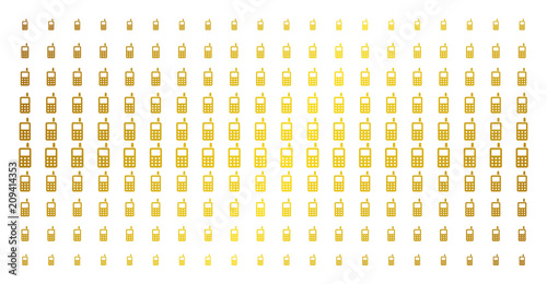 Cell phone icon golden halftone pattern. Vector cell phone pictograms are organized into halftone array with inclined golden gradient. Constructed for backgrounds, covers,