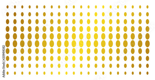 Filled ellipse icon golden halftone pattern. Vector filled ellipse symbols are organized into halftone array with inclined gold gradient. Constructed for backgrounds, covers,