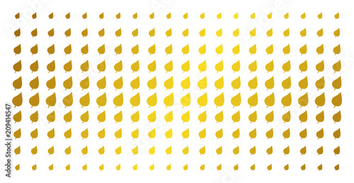 Plant leaf icon golden halftone pattern. Vector plant leaf symbols are organized into halftone array with inclined golden gradient. Designed for backgrounds, covers, templates and bright compositions.