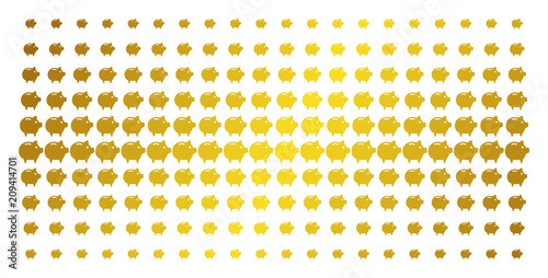 Piggy bank icon gold halftone pattern. Vector piggy bank objects are organized into halftone grid with inclined gold gradient. Designed for backgrounds, covers, templates and luxury concepts.